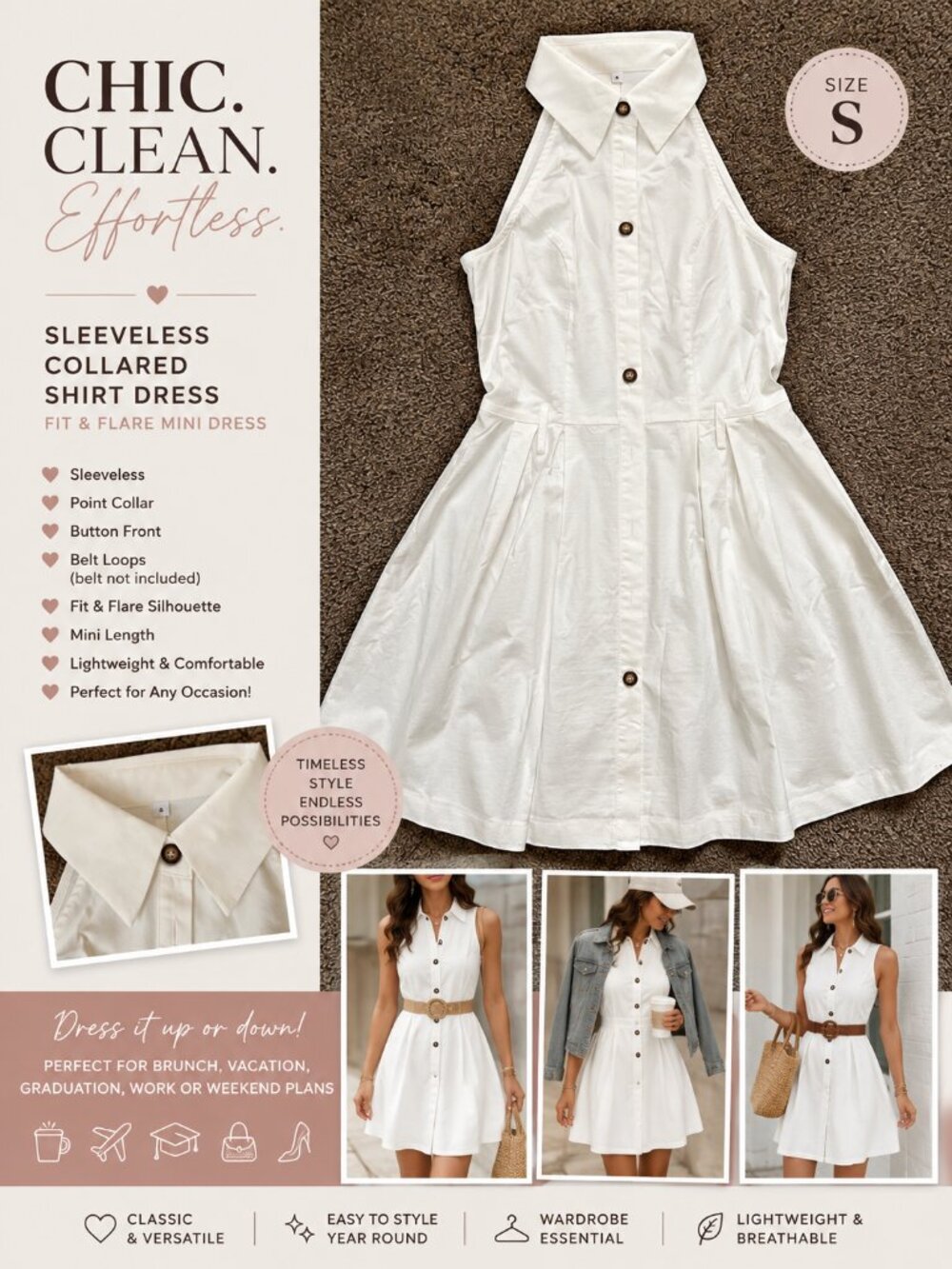 White Sleeveless Collared Button Front Fit & Flare Mini Shirt Dress Size Small